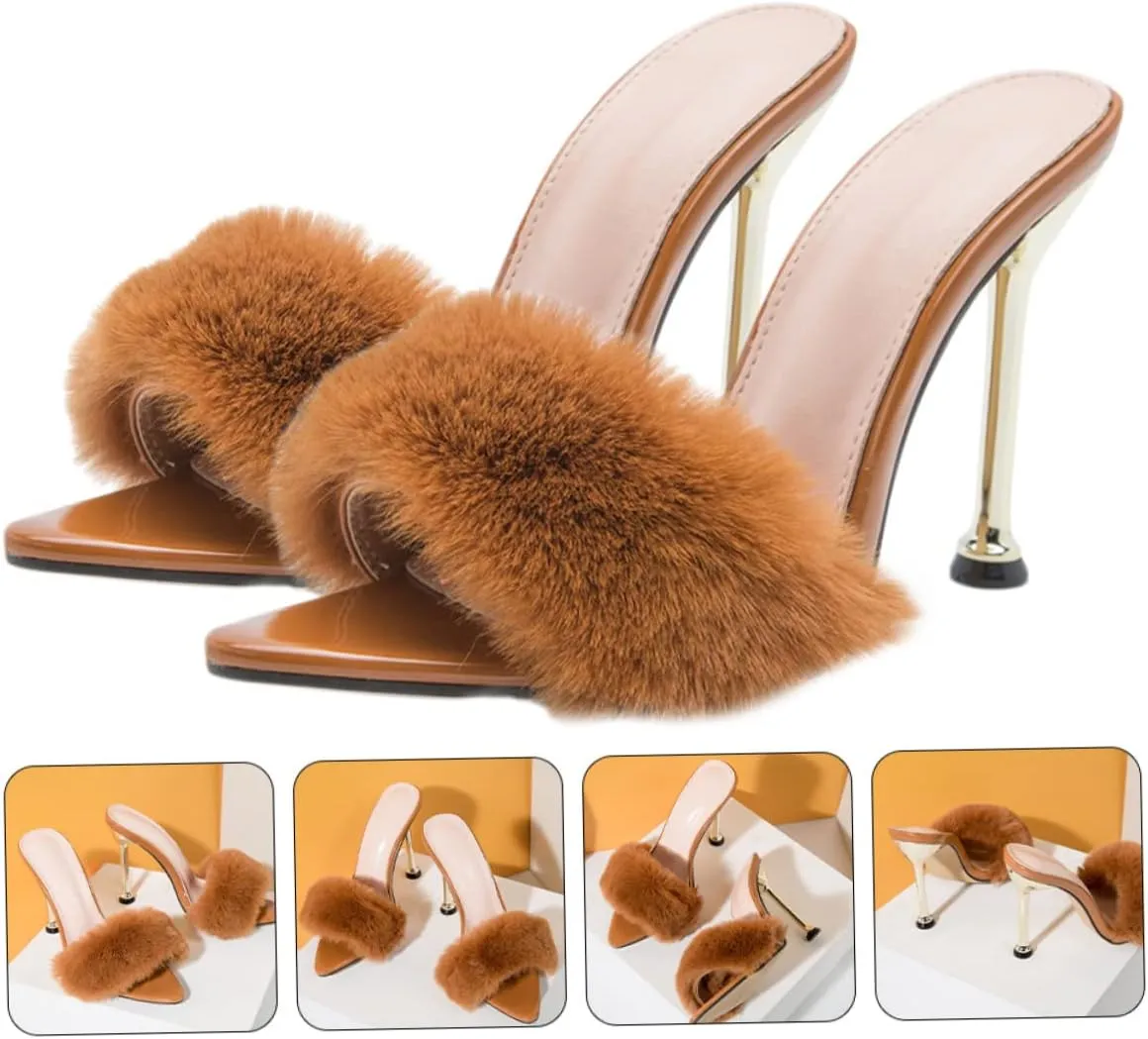 1 Pair Fur Sandals Heels for Women Pumps House Slippers Girl -heeled Sandals Fluffy Slippers for Women Pumps Sole: Pvc Decorate