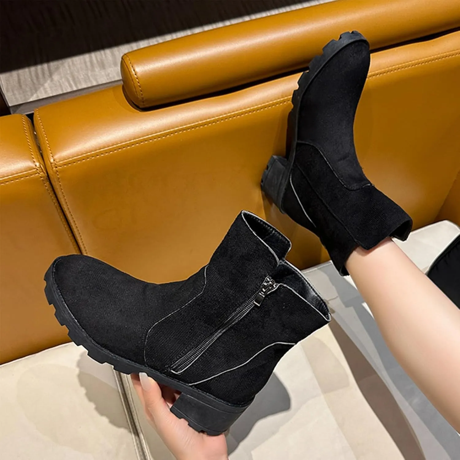 Ankle Boots Womens Retro Chunky Mid Heel Boots Outdoor Classic Fashion Boots Suede Round Toe Short Boots, 2.5