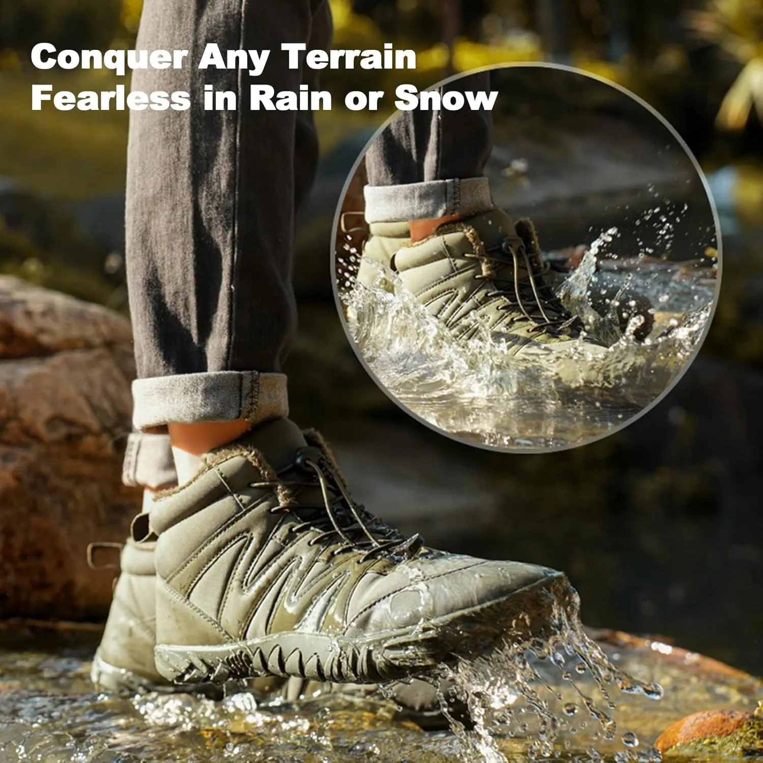Barefoot Boots Women Waterproof Winter Snow Shoes for Hiking Wide Box Toe Slip On Walking Running Shoes Faux Fur Warm Snow Booties for Cold Weather Zero Drop Barefoot Footwear Trail Sneakers