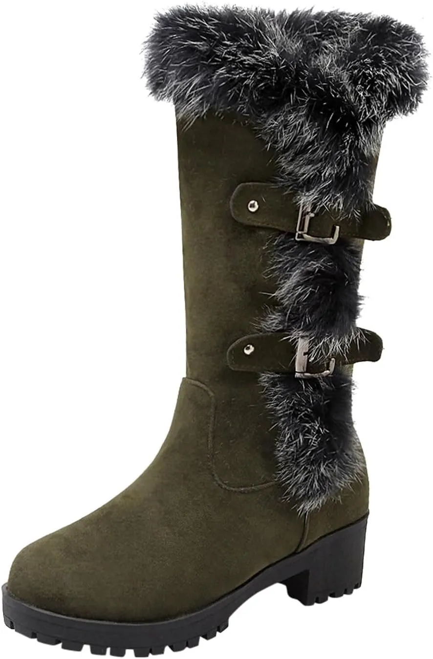 Boots for Women Block Heels Soft Furry Fur Warm Comfortable Womens Boots Round Toe Thick Sole Anti-slip Boots