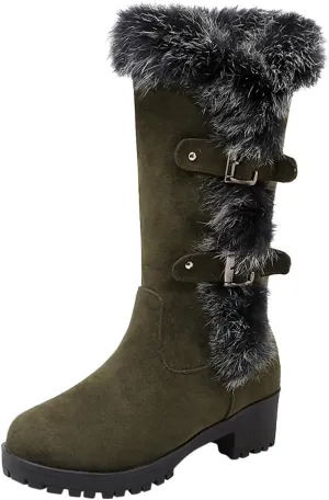 Boots for Women Block Heels Soft Furry Fur Warm Comfortable Womens Boots Round Toe Thick Sole Anti-slip Boots