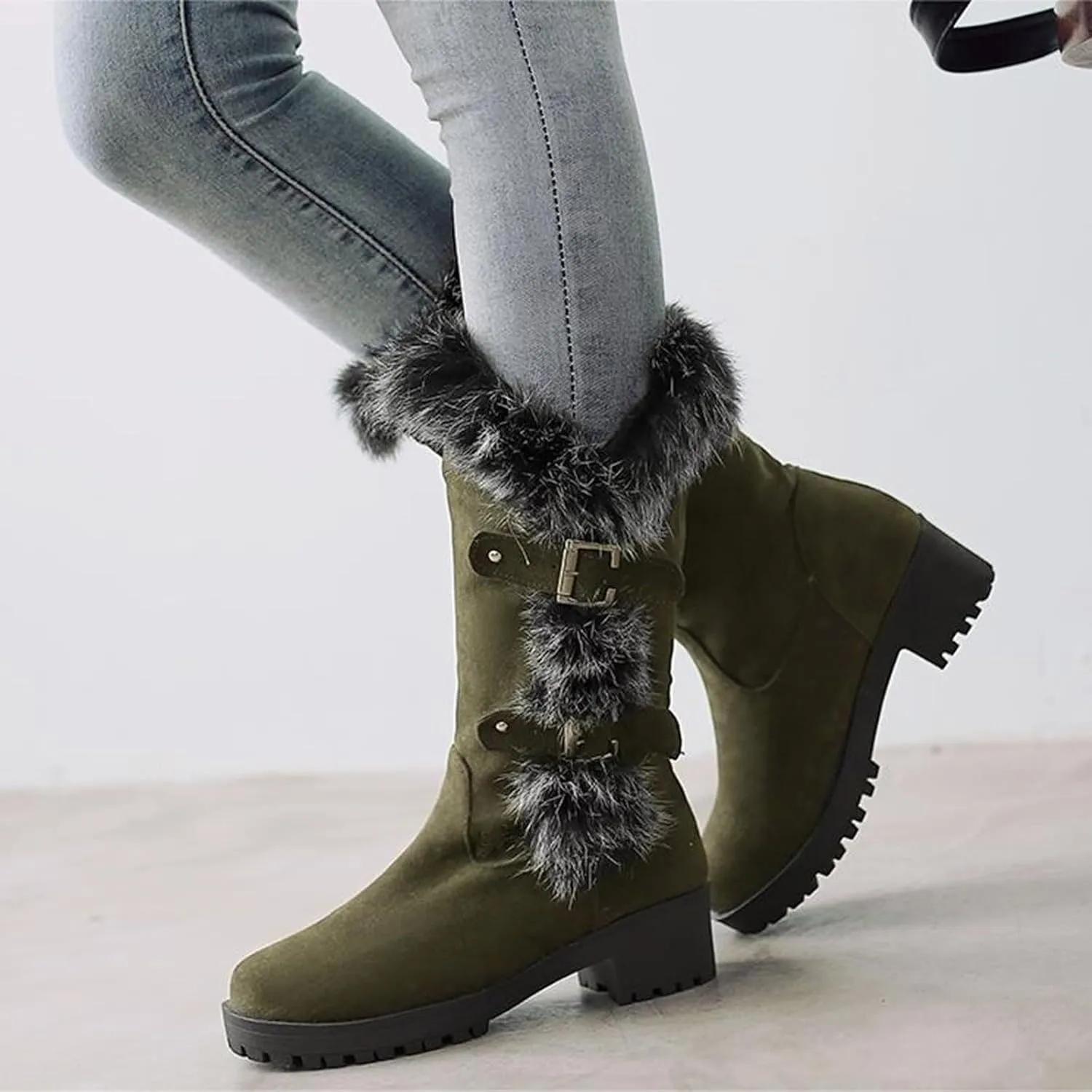 Boots for Women Block Heels Soft Furry Fur Warm Comfortable Womens Boots Round Toe Thick Sole Anti-slip Boots