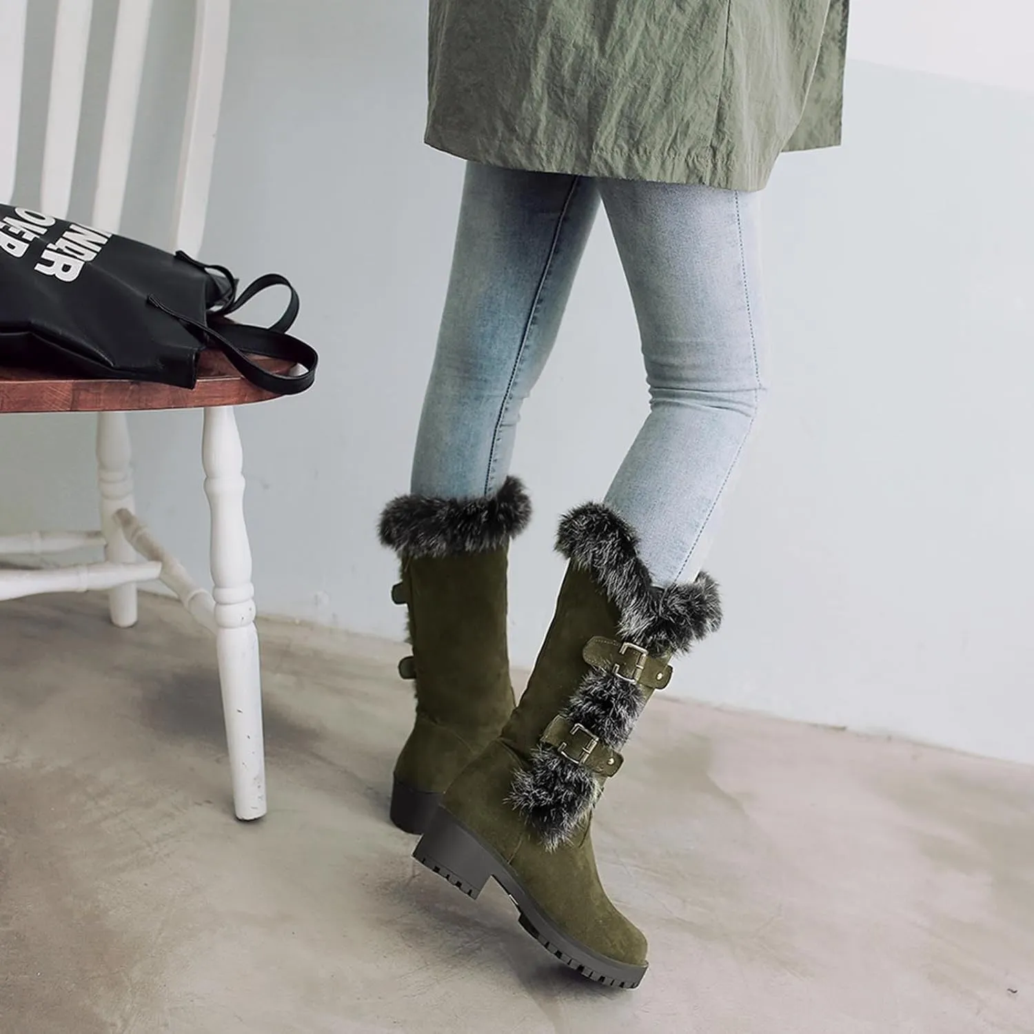 Boots for Women Block Heels Soft Furry Fur Warm Comfortable Womens Boots Round Toe Thick Sole Anti-slip Boots