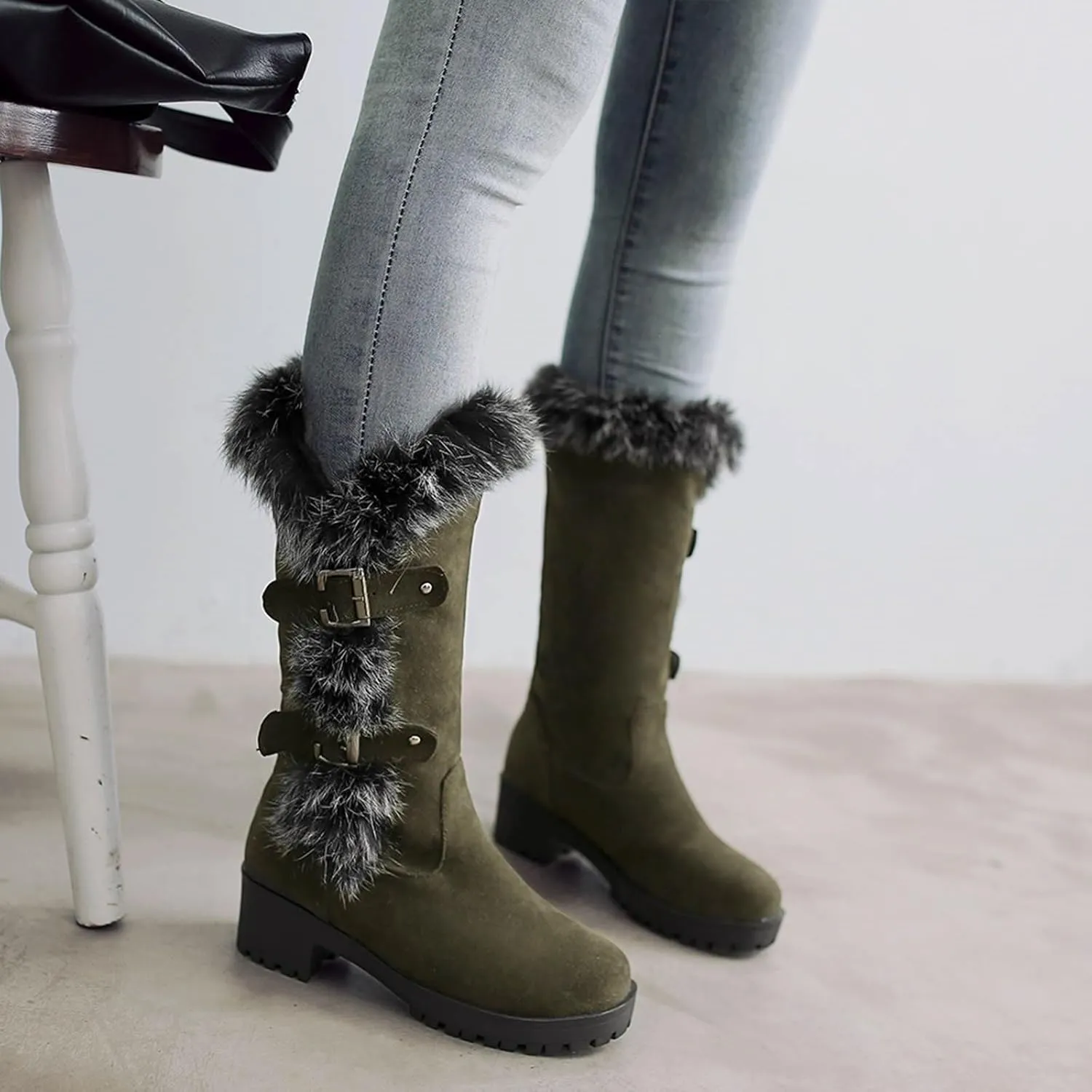 Boots for Women Block Heels Soft Furry Fur Warm Comfortable Womens Boots Round Toe Thick Sole Anti-slip Boots