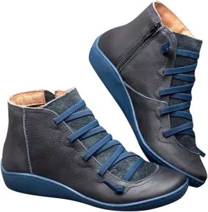 Boots for Women Low Heel Lace Up Arch Support Boots Side Zipper Vintage Leather Damping Shoes Flat Heel Boots