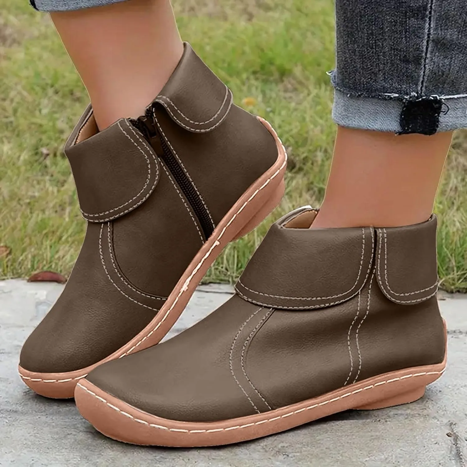 Cathalem Ankle Boots for Women, 2024 New Flat Heel Booties Arch Support Booties Side Zip-up Vintage Leather Damping Shoes