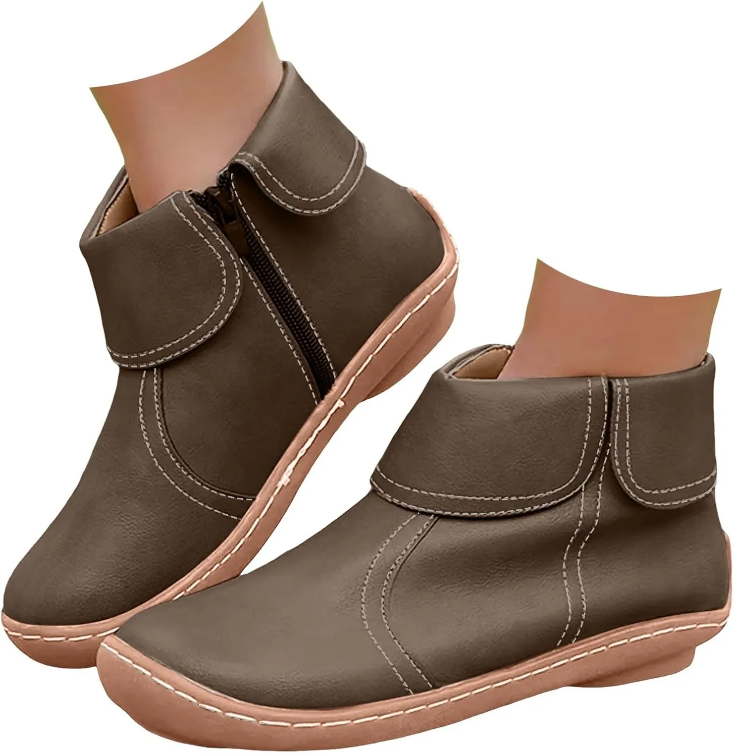 Cathalem Ankle Boots for Women, 2024 New Flat Heel Booties Arch Support Booties Side Zip-up Vintage Leather Damping Shoes