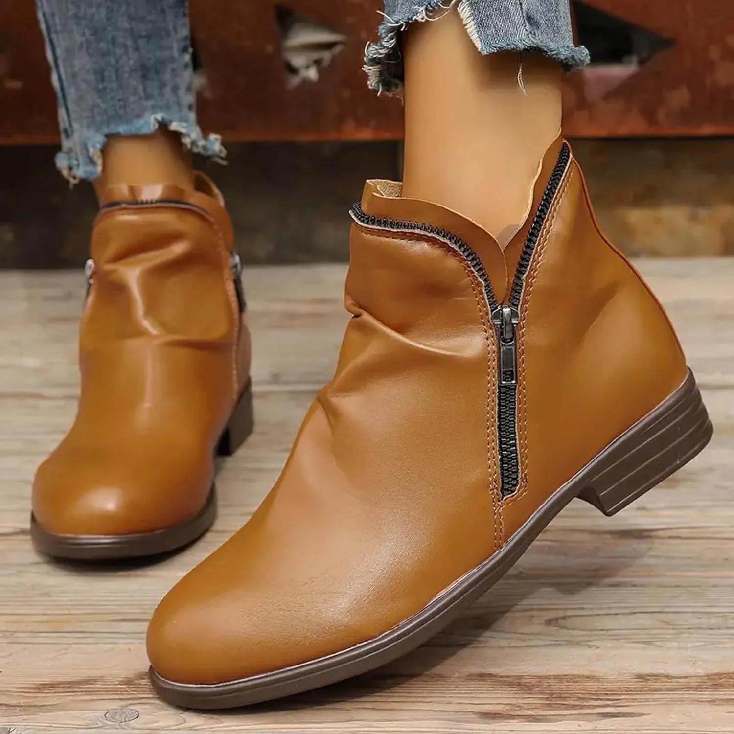 Cathalem Ankle Boots for Women Low Heel Booties Arch Support Boots Lace Up Side Zipper Short Ankle Booties Casual Fall Shoes