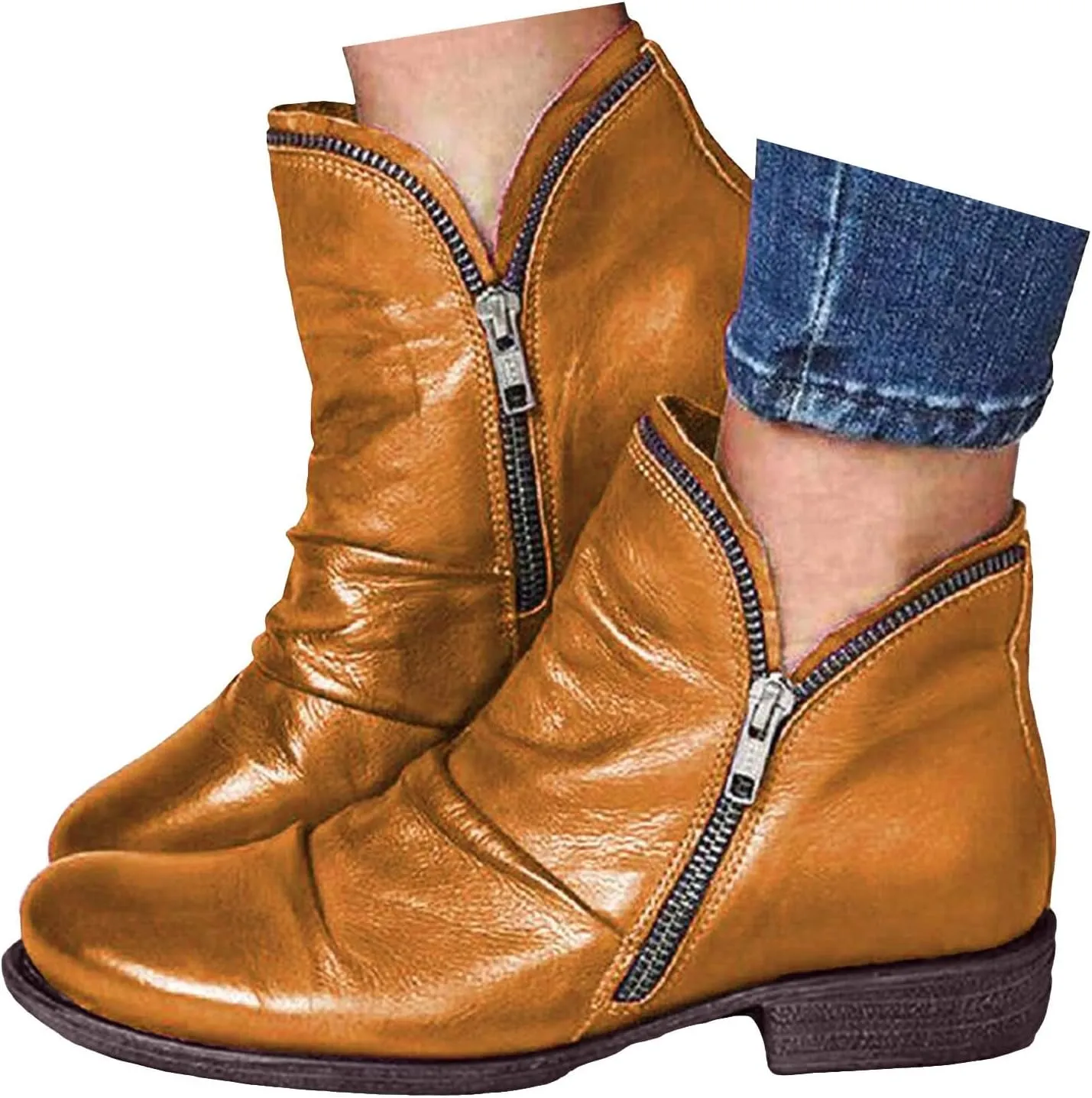 Cathalem Ankle Boots for Women Low Heel Booties Arch Support Boots Lace Up Side Zipper Short Ankle Booties Casual Fall Shoes