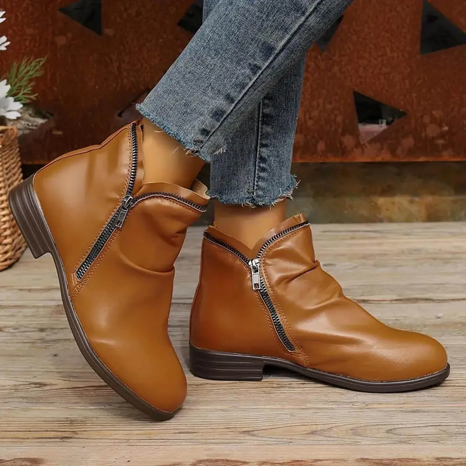 Cathalem Ankle Boots for Women Low Heel Booties Arch Support Boots Lace Up Side Zipper Short Ankle Booties Casual Fall Shoes