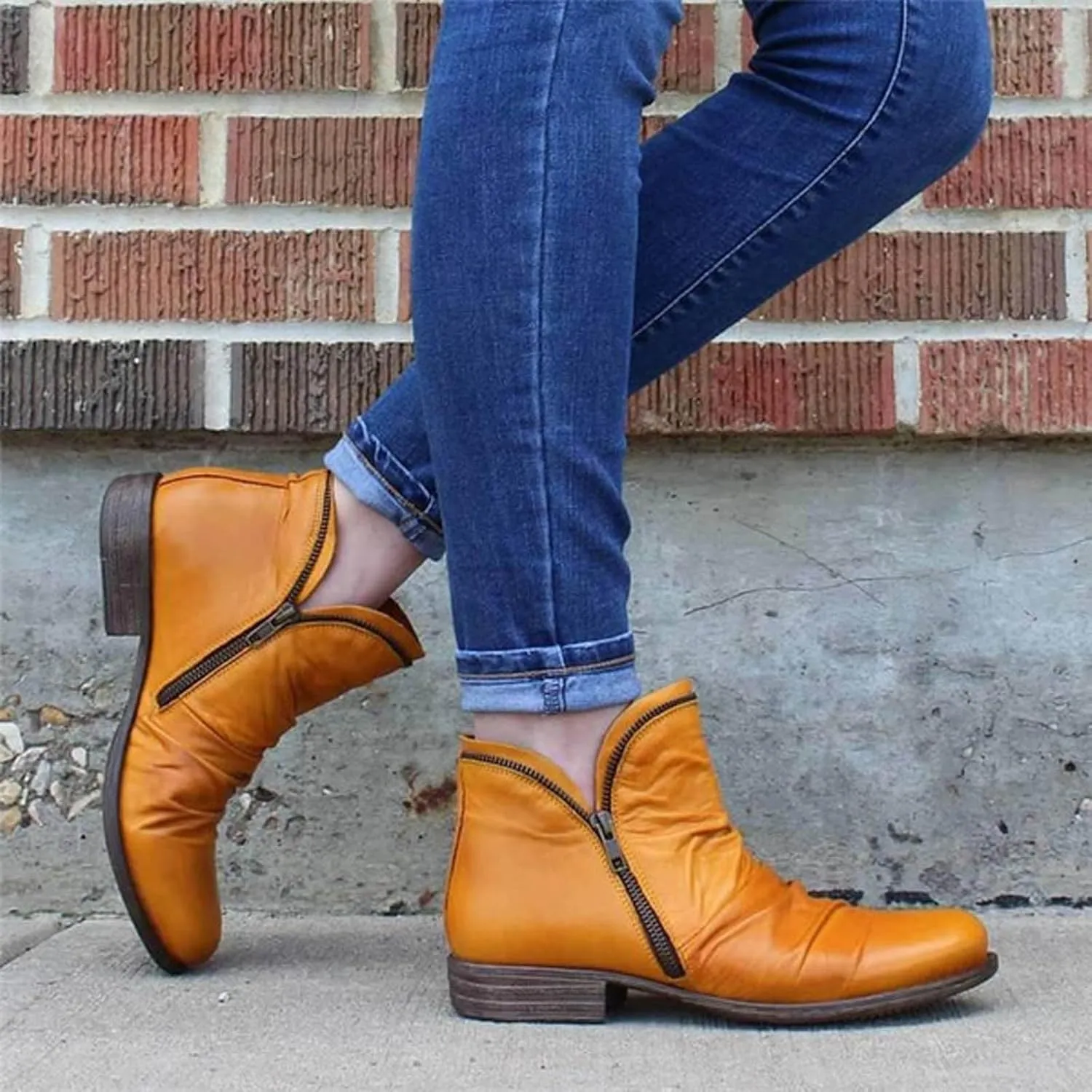 Cathalem Ankle Boots for Women Low Heel Booties Arch Support Boots Lace Up Side Zipper Short Ankle Booties Casual Fall Shoes