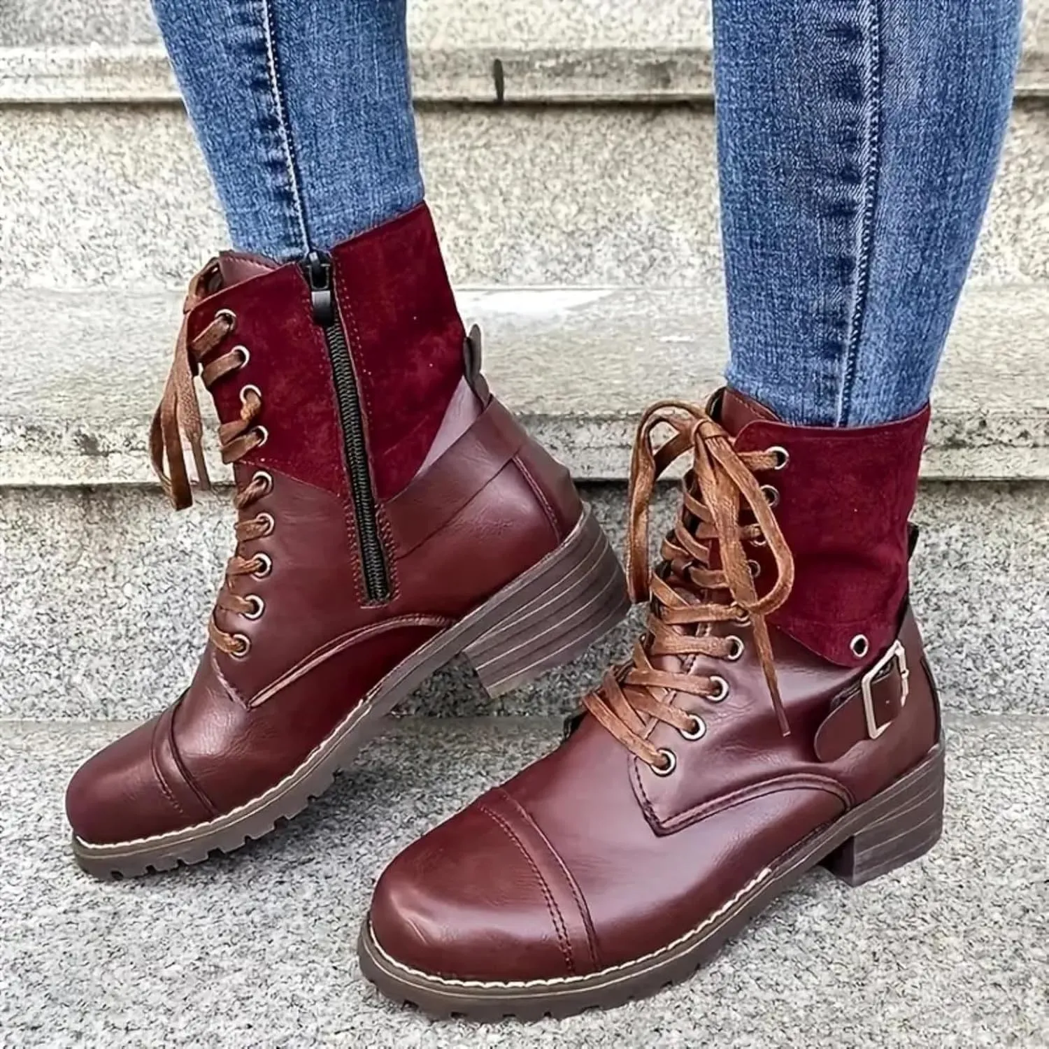 Cathalem Boots for Women Low Heel, Combat Style Hiking Boots Motorcycle Boots Classic Lace Up Shoes Retro Shoes