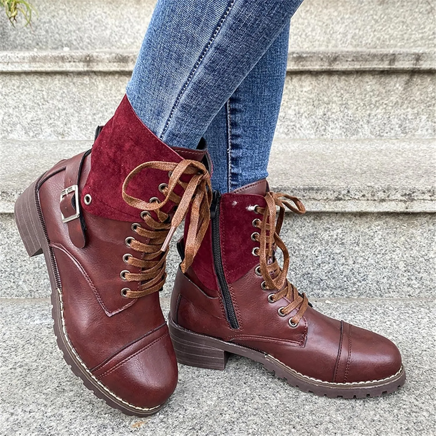 Cathalem Boots for Women Low Heel, Combat Style Hiking Boots Motorcycle Boots Classic Lace Up Shoes Retro Shoes