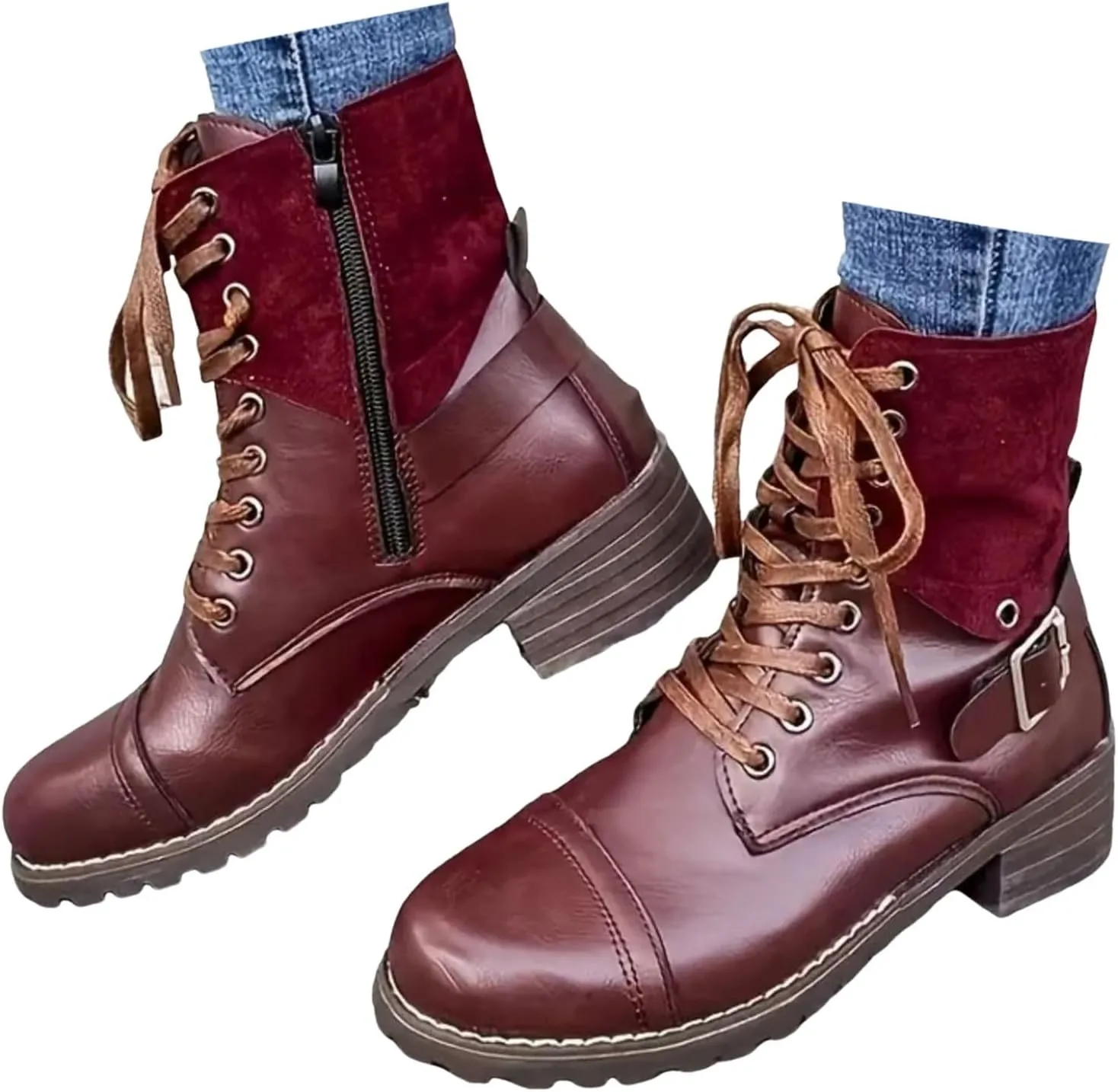 Cathalem Boots for Women Low Heel, Combat Style Hiking Boots Motorcycle Boots Classic Lace Up Shoes Retro Shoes