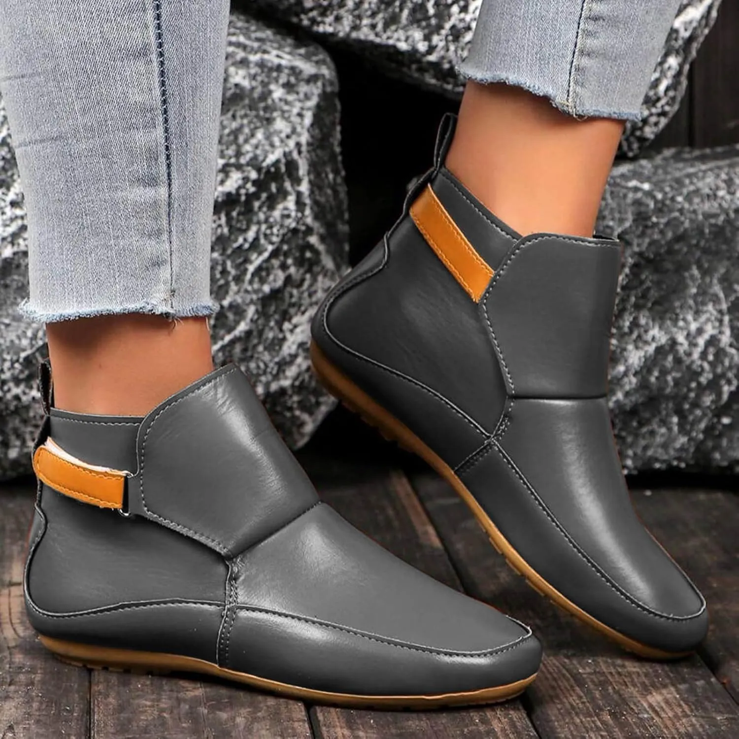 Cathalem Boots for Women,Arch Support Booties Side Zip-up Vintage Leather Damping Shoes Flat Heel Booties
