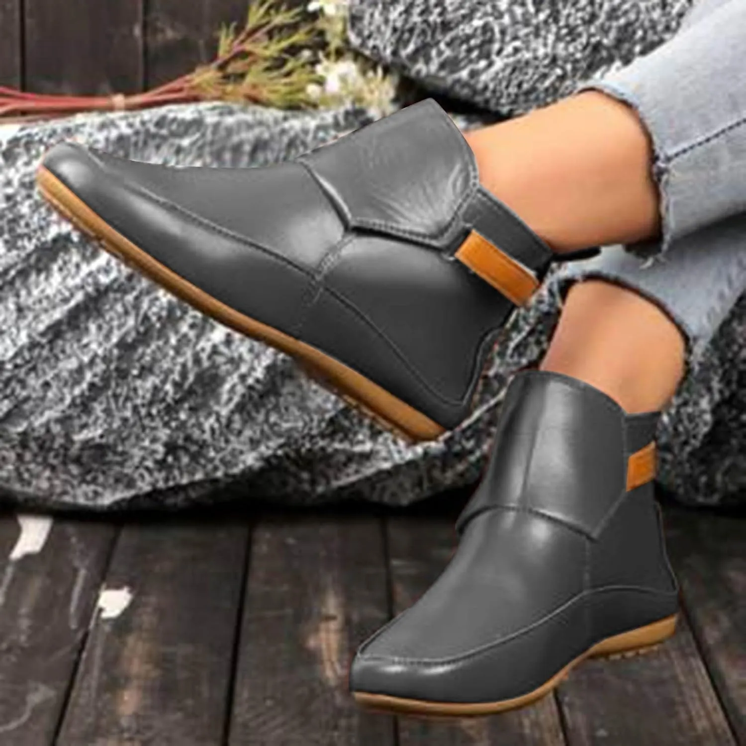 Cathalem Boots for Women,Arch Support Booties Side Zip-up Vintage Leather Damping Shoes Flat Heel Booties