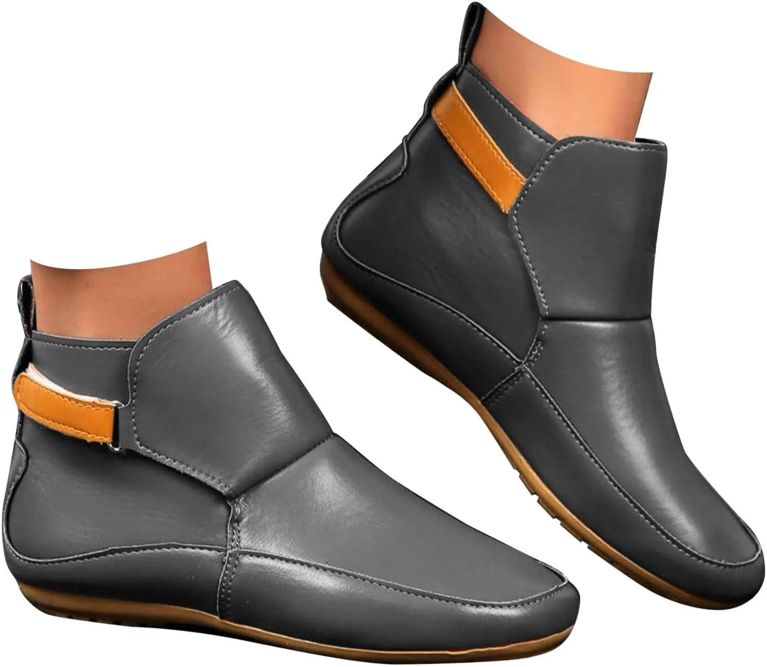 Cathalem Boots for Women,Arch Support Booties Side Zip-up Vintage Leather Damping Shoes Flat Heel Booties
