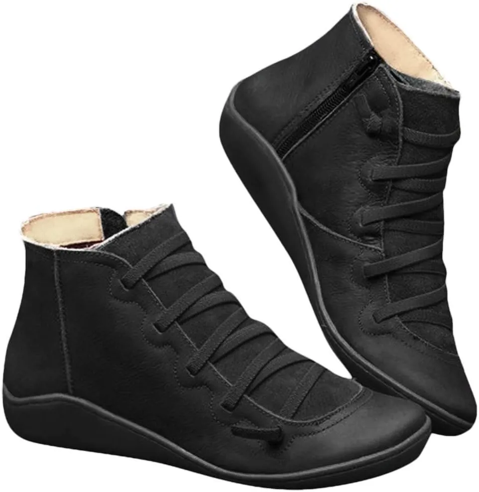 Cathalem Womens Ankle Boots, Ankle Boots for Women No Heel Arch Support Boots Side Zipper Vintage Leather Flat Heel Booties