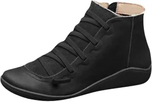 Cathalem Womens Ankle Boots, Ankle Boots for Women No Heel Arch Support Boots Side Zipper Vintage Leather Flat Heel Booties