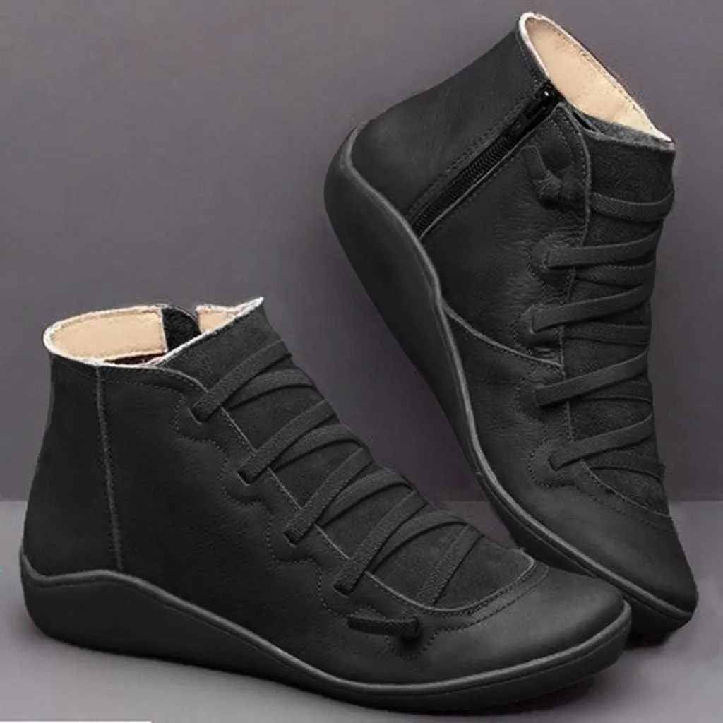 Cathalem Womens Ankle Boots, Ankle Boots for Women No Heel Arch Support Boots Side Zipper Vintage Leather Flat Heel Booties