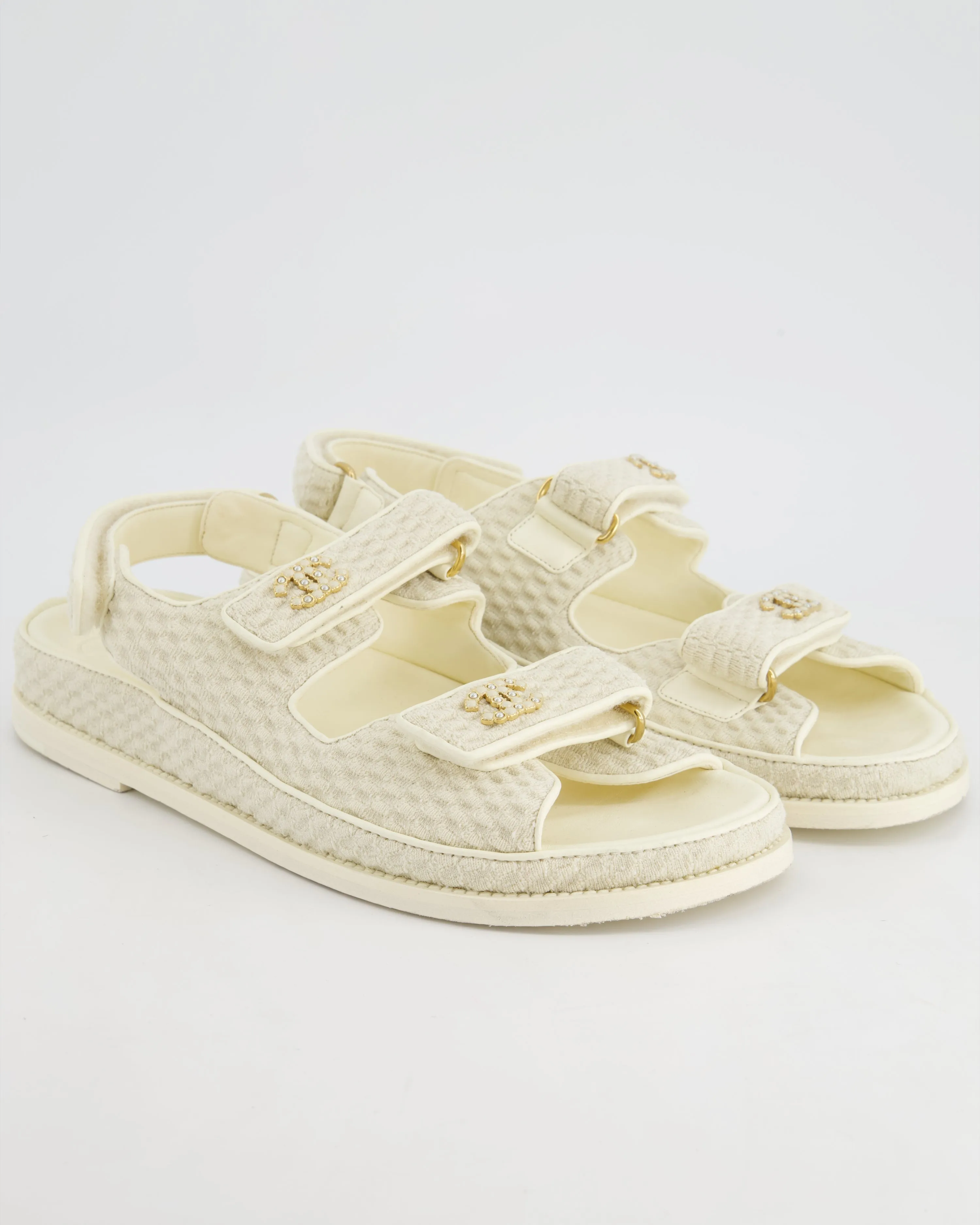 Chanel Cream Dad Sandals With White Cc Pearls Logo Size Eu 41.5