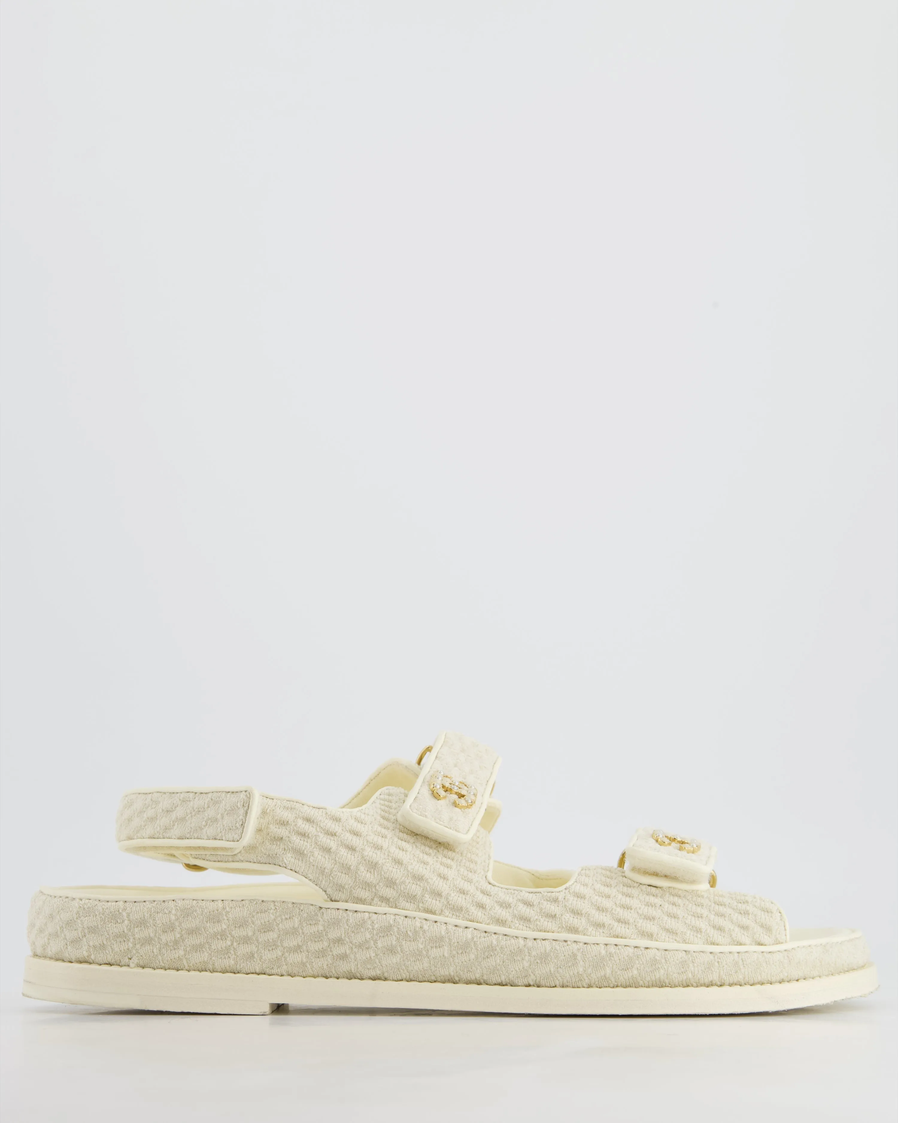 Chanel Cream Dad Sandals With White Cc Pearls Logo Size Eu 41.5