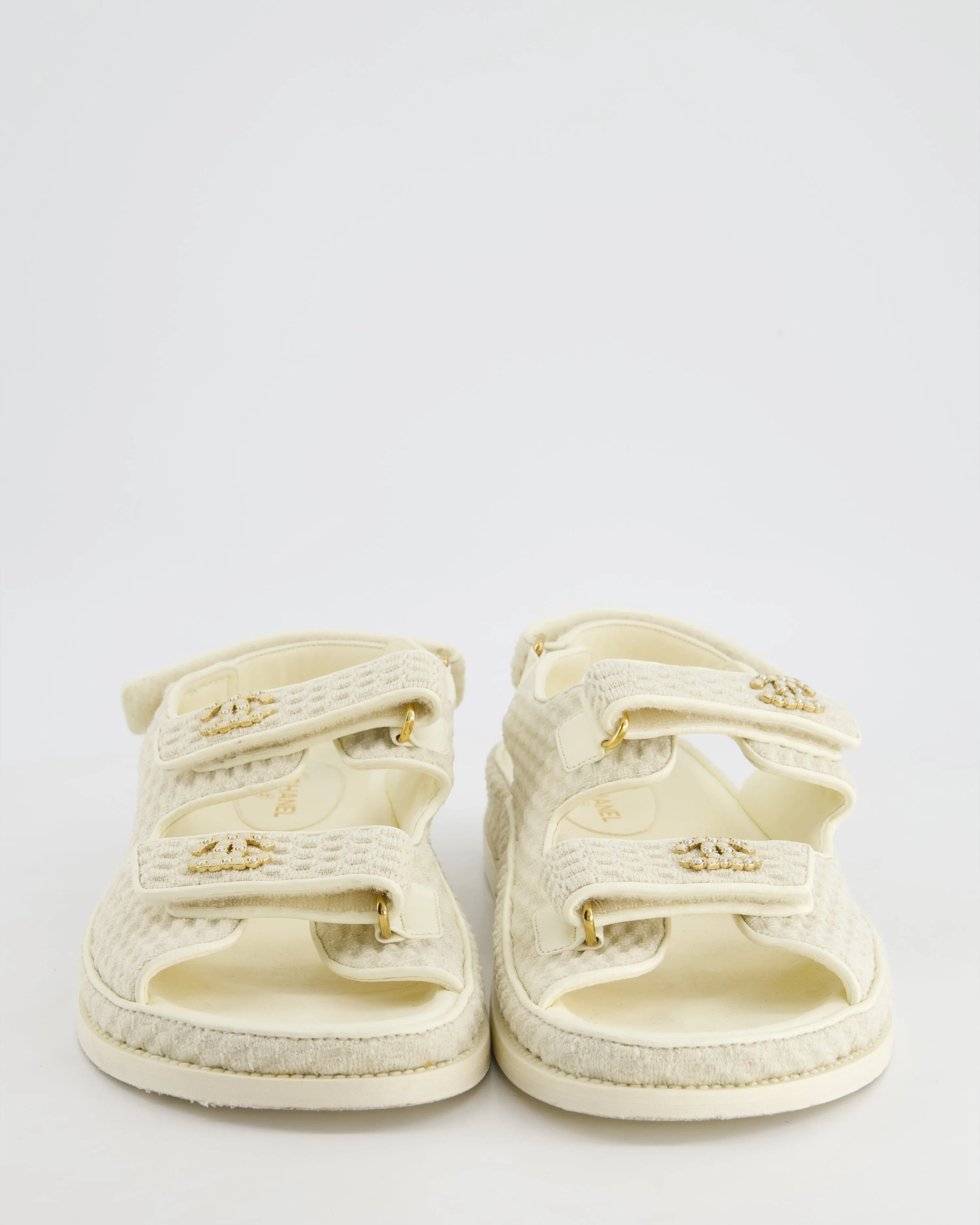 Chanel Cream Dad Sandals With White Cc Pearls Logo Size Eu 41.5