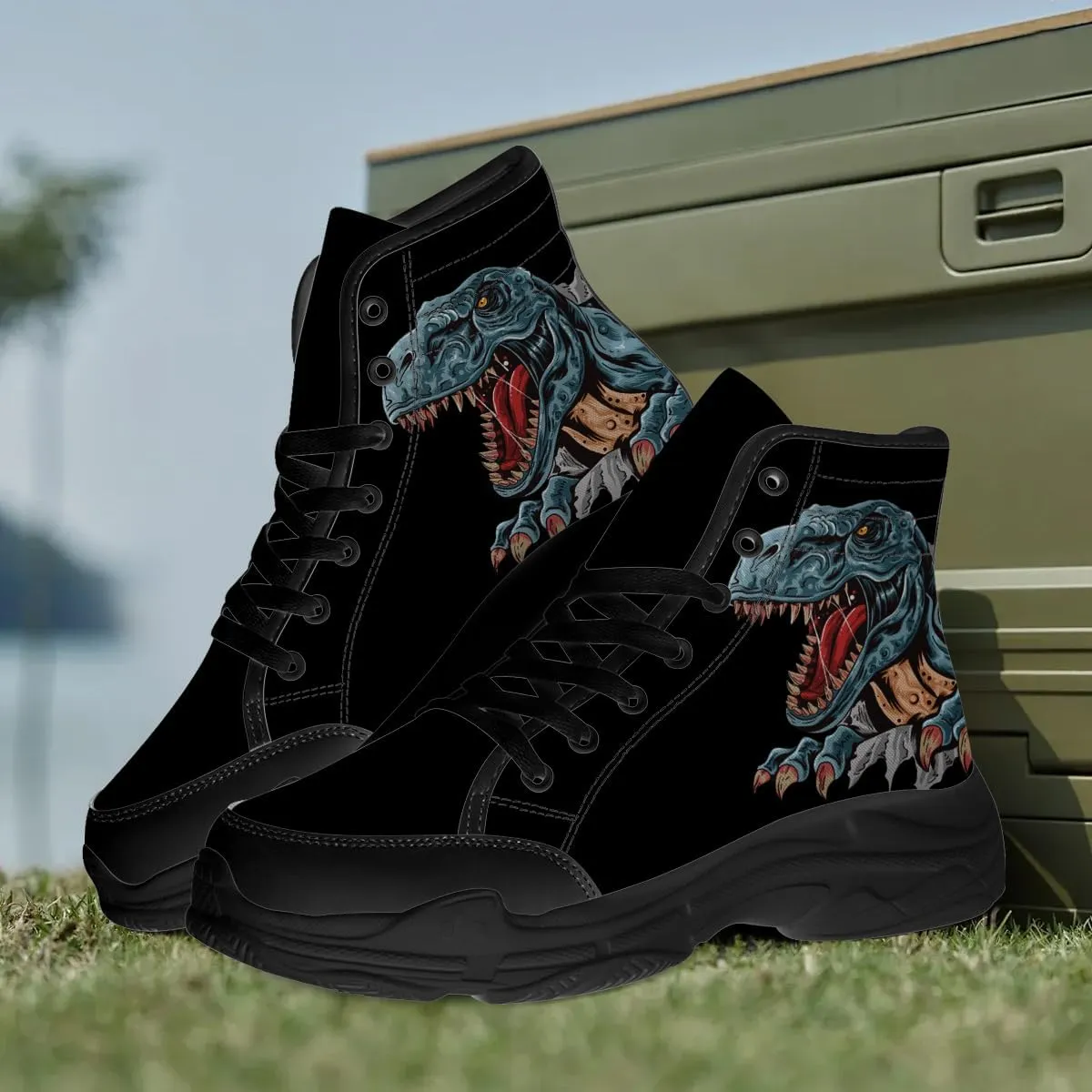 Dinosaur Shoes Men 3D Print Black High Top Canvas Sneakers Gifts for Women
