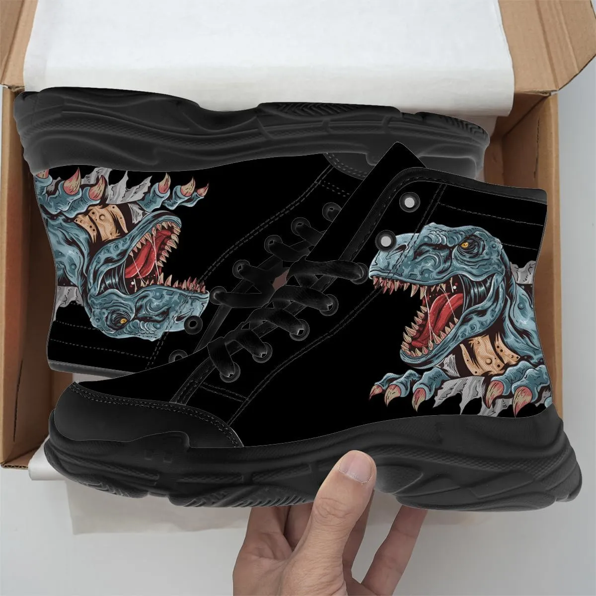Dinosaur Shoes Men 3D Print Black High Top Canvas Sneakers Gifts for Women