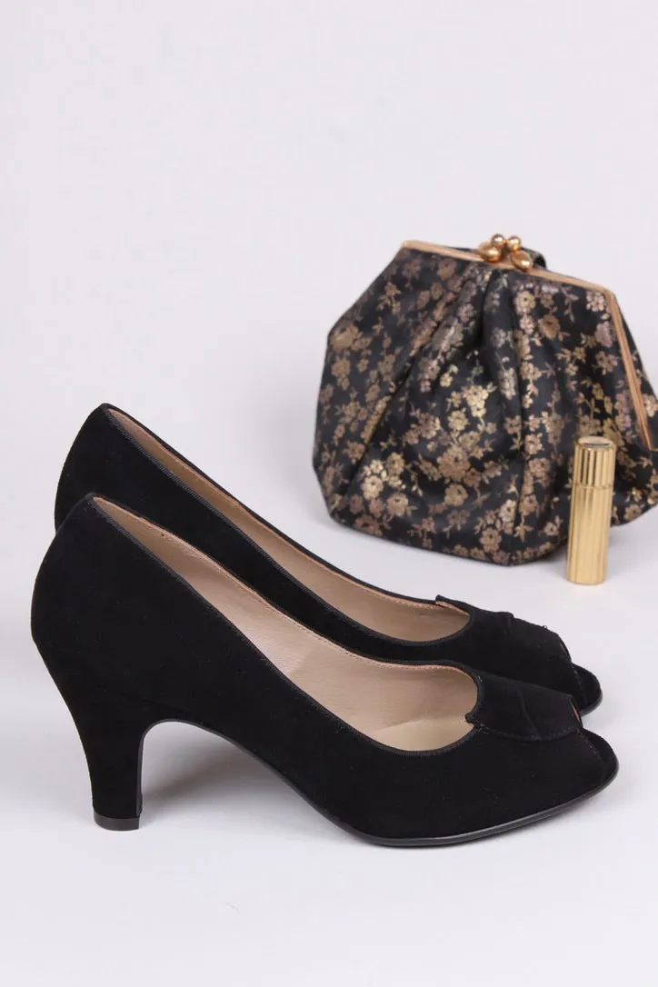 Early 1950's suede high heel with peep toe- Black - Margaret