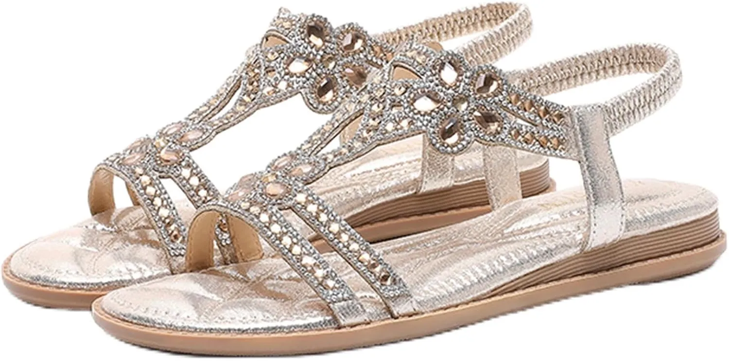 Flat Women Sandals Comfortable Breathable Non Slip Flat Sandals Casual Summer Beach Shoes Ladies Sparkling Rhinestone Bling Wedding Shoes for Summer Wedding