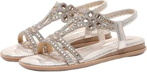 Flat Women Sandals Comfortable Breathable Non Slip Flat Sandals Casual Summer Beach Shoes Ladies Sparkling Rhinestone Bling Wedding Shoes for Summer Wedding