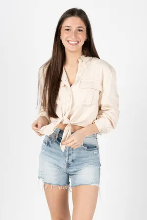 Front tie button up shirt beige