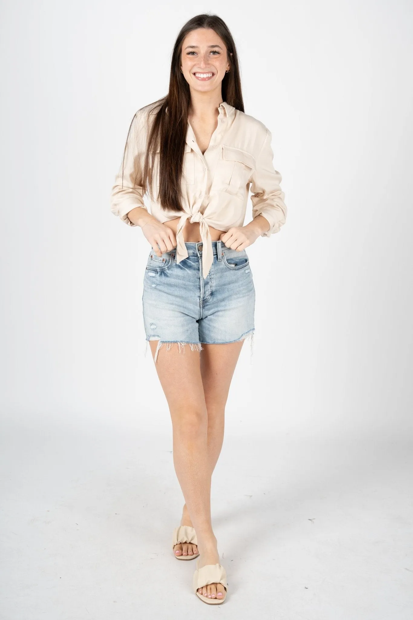 Front tie button up shirt beige