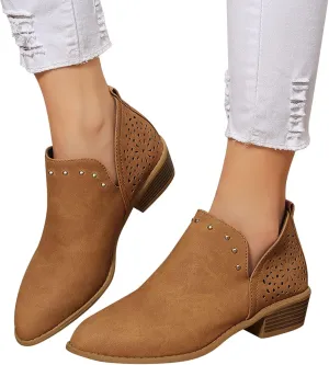 Gibobby Boots for Women Low Heel,Retro V-Cutout Short Warm Boots Closed Toe Low Heel Combat Western Shoes