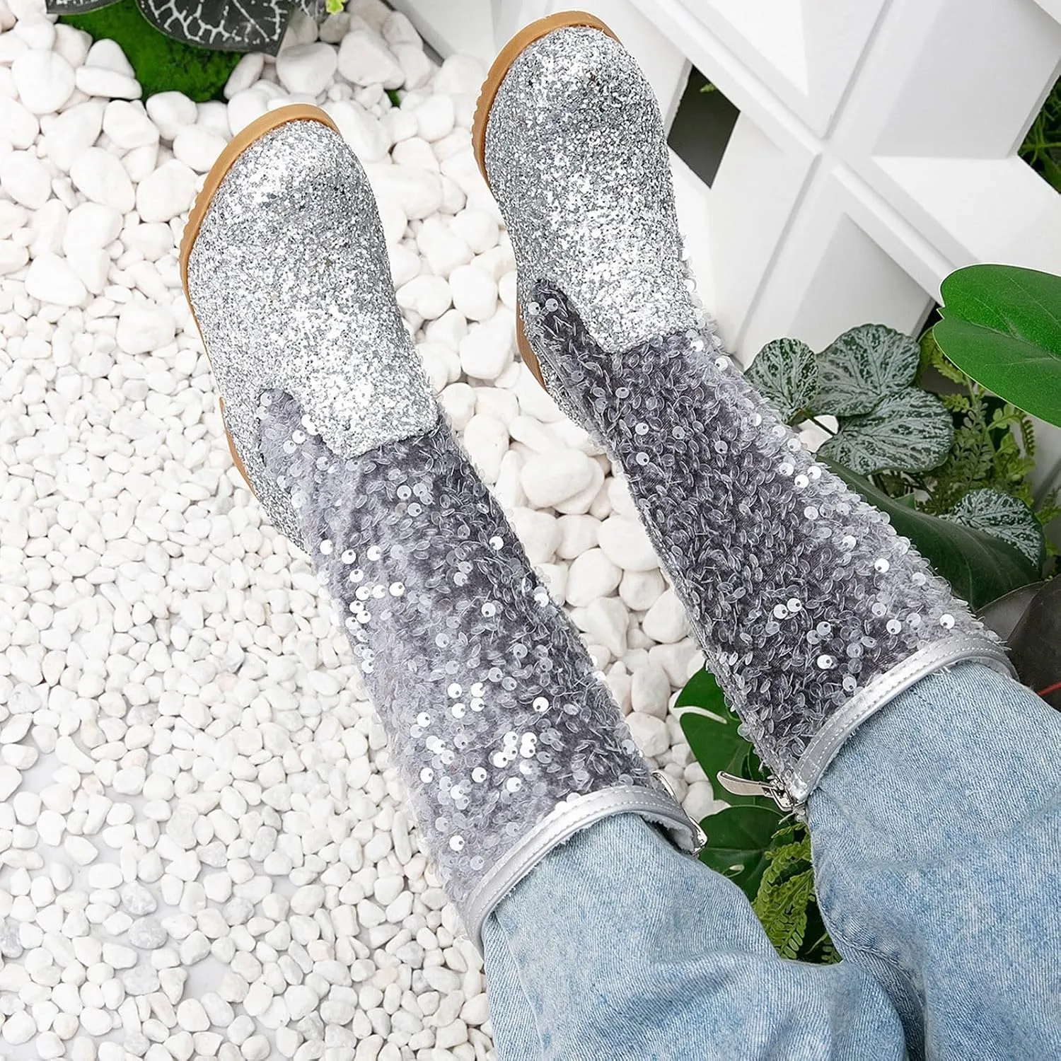 Girls Glitter Sequin Boots High Top Western Boots Sparkly Chunky ??ow Heel Fashion Non-Slip Princess Dress Shoes