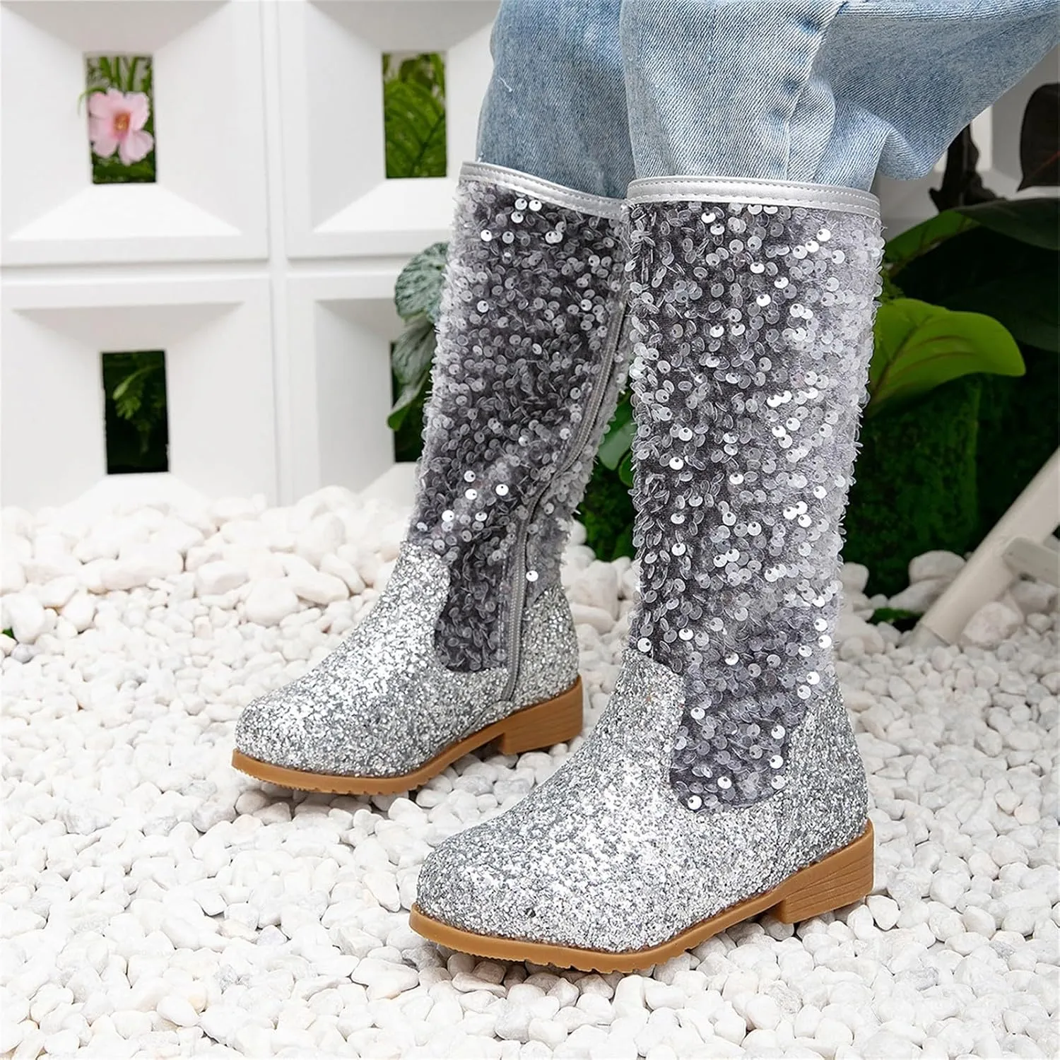 Girls Glitter Sequin Boots High Top Western Boots Sparkly Chunky ??ow Heel Fashion Non-Slip Princess Dress Shoes