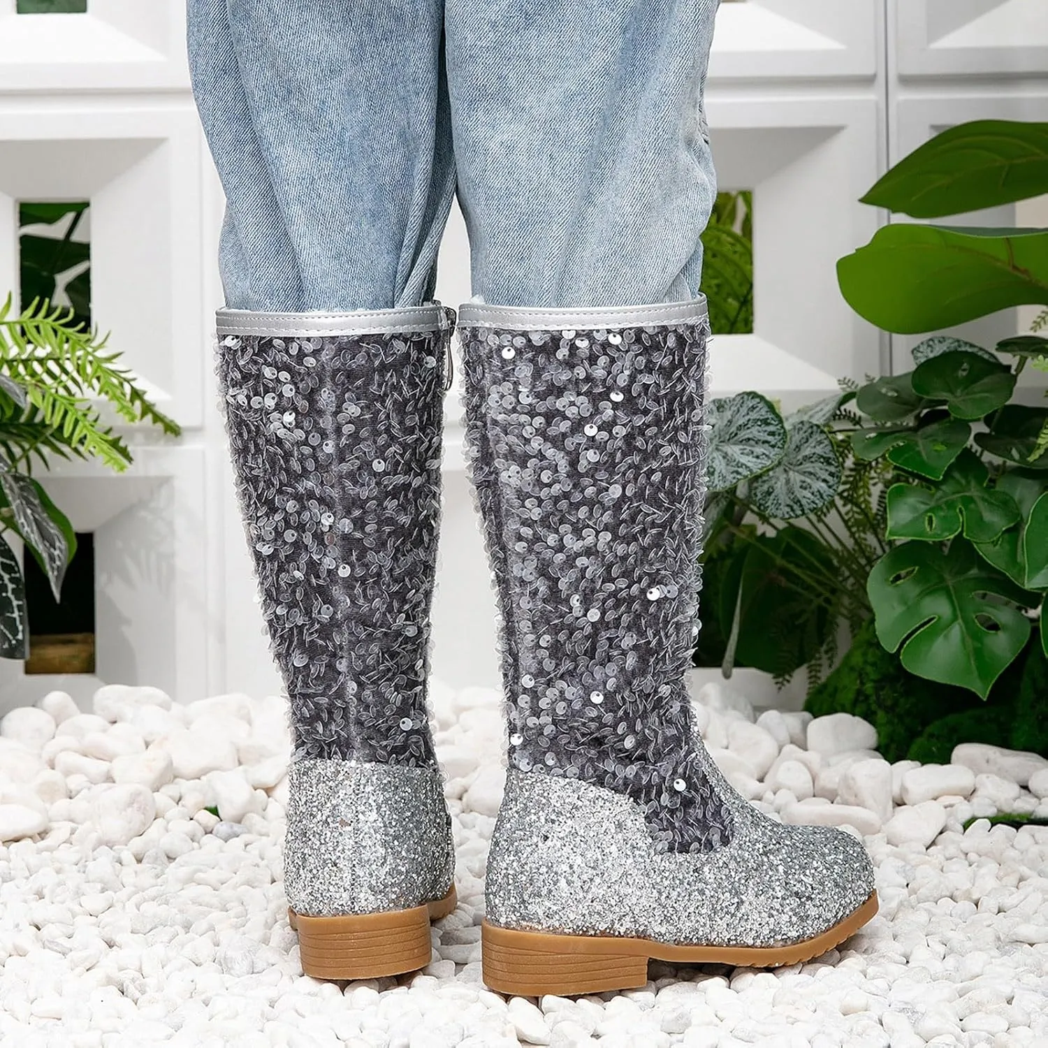 Girls Glitter Sequin Boots High Top Western Boots Sparkly Chunky ??ow Heel Fashion Non-Slip Princess Dress Shoes