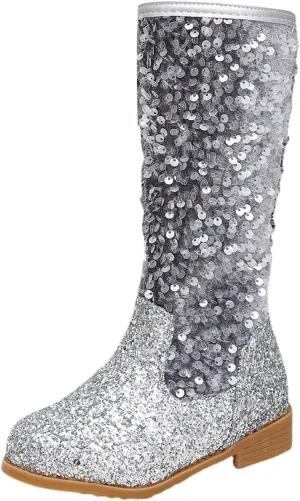Girls Glitter Sequin Boots High Top Western Boots Sparkly Chunky ??ow Heel Fashion Non-Slip Princess Dress Shoes