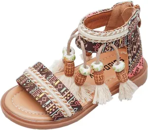 Girls Open Toe Sandals Stilettos Fashion Tassel Ankle Strap Pumps Back Zip Summer Party Dress Toddler Shoes for
