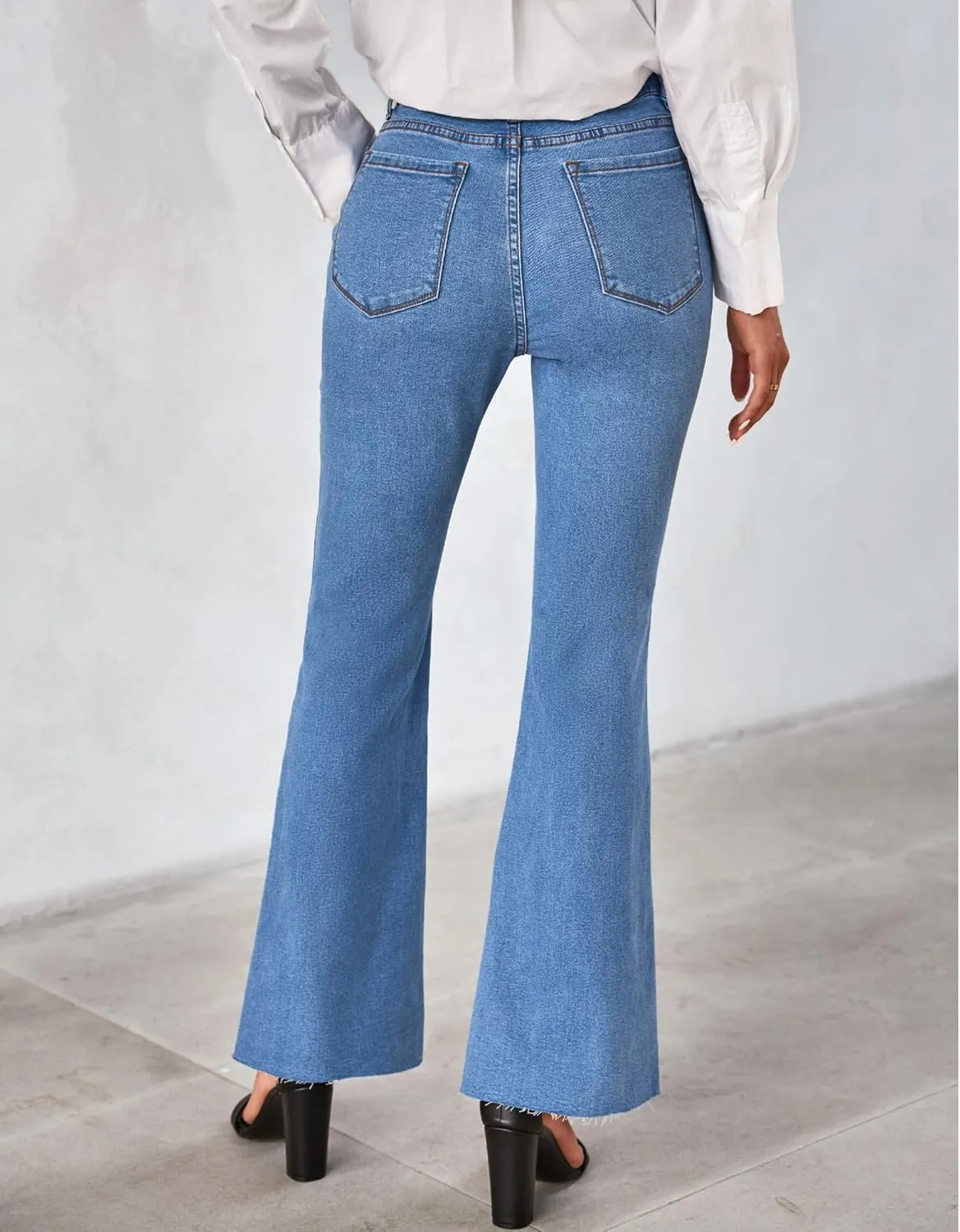 GRAPENT Wide Leg Jeans for Women Trendy High Waisted Flare Stretchy Bell Bottom Denim Pants Baggy Raw Hem Trouser Jeans