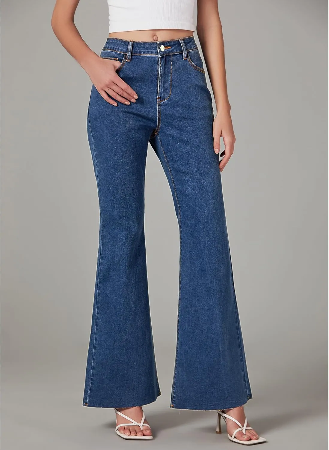 GRAPENT Wide Leg Jeans for Women Trendy High Waisted Flare Stretchy Bell Bottom Denim Pants Baggy Raw Hem Trouser Jeans