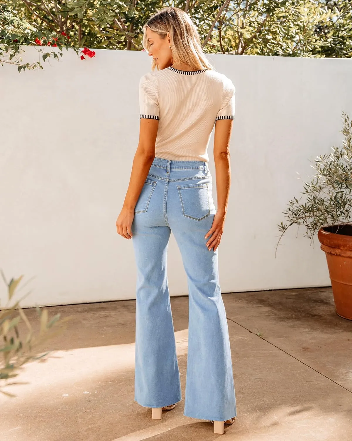 GRAPENT Wide Leg Jeans for Women Trendy High Waisted Flare Stretchy Bell Bottom Denim Pants Baggy Raw Hem Trouser Jeans