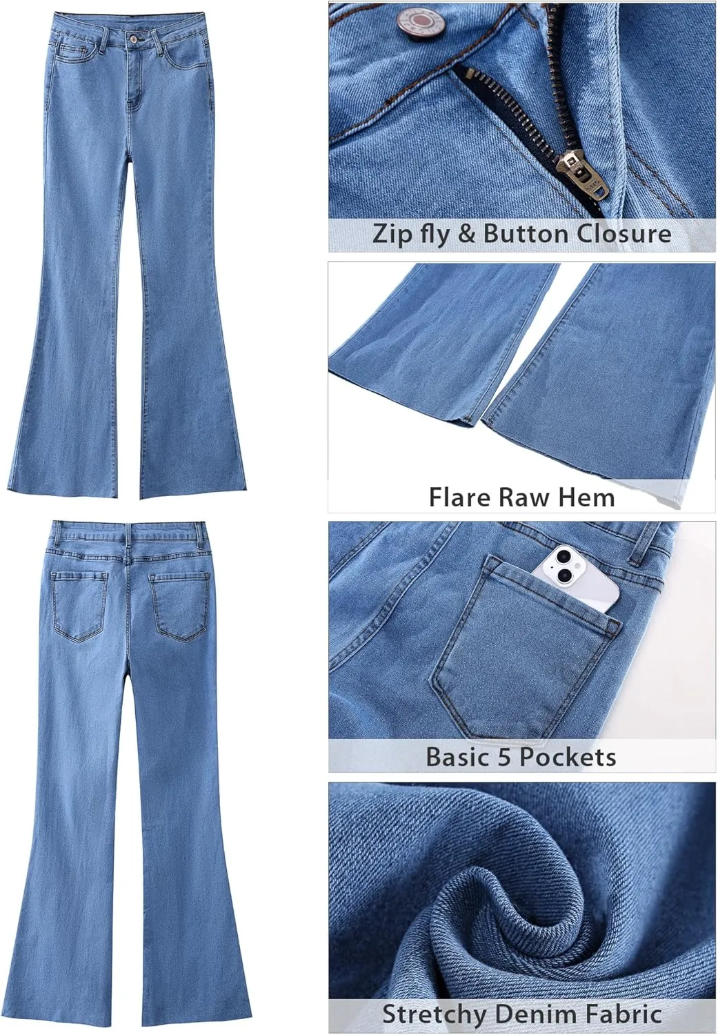 GRAPENT Wide Leg Jeans for Women Trendy High Waisted Flare Stretchy Bell Bottom Denim Pants Baggy Raw Hem Trouser Jeans