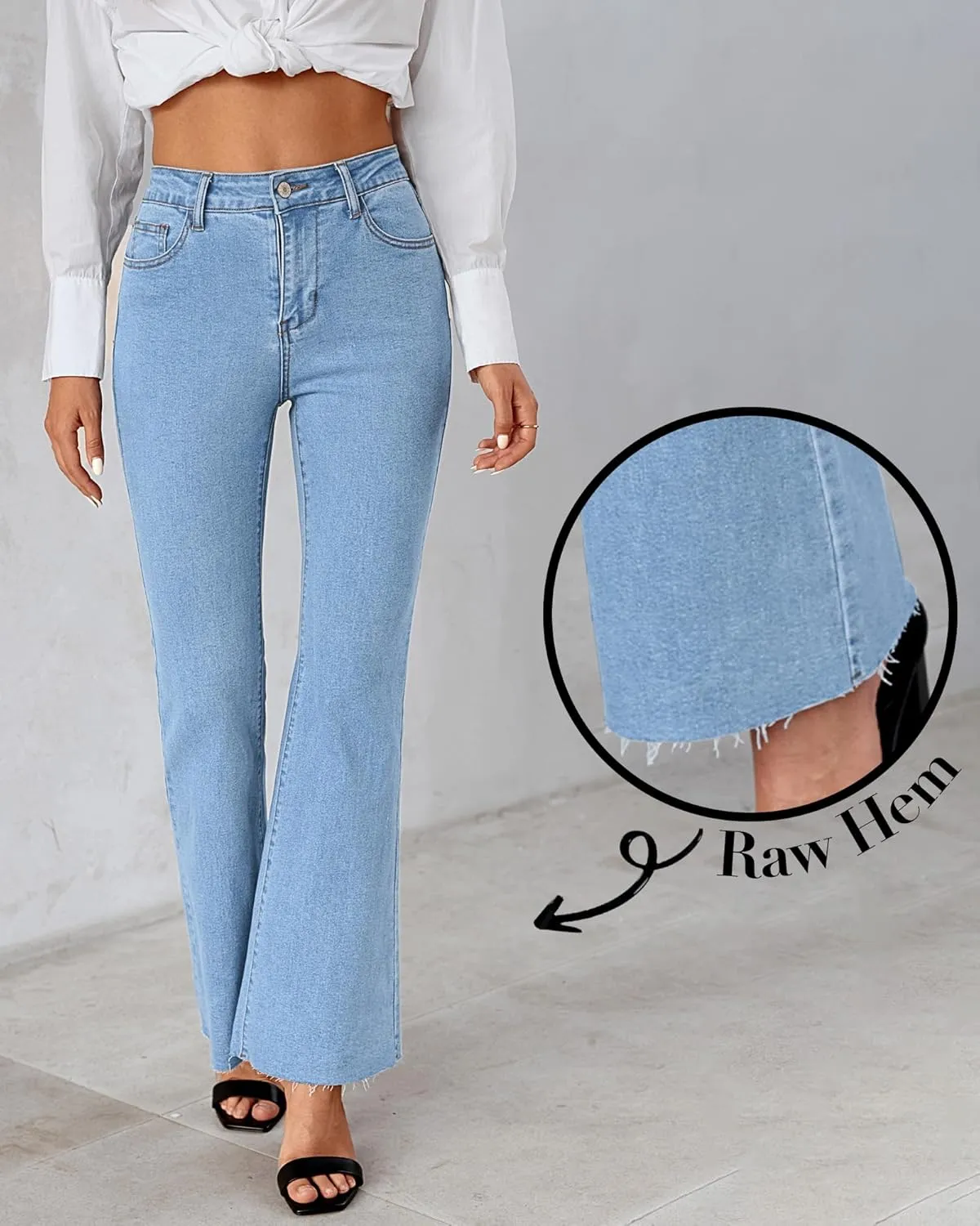 GRAPENT Wide Leg Jeans for Women Trendy High Waisted Flare Stretchy Bell Bottom Denim Pants Baggy Raw Hem Trouser Jeans