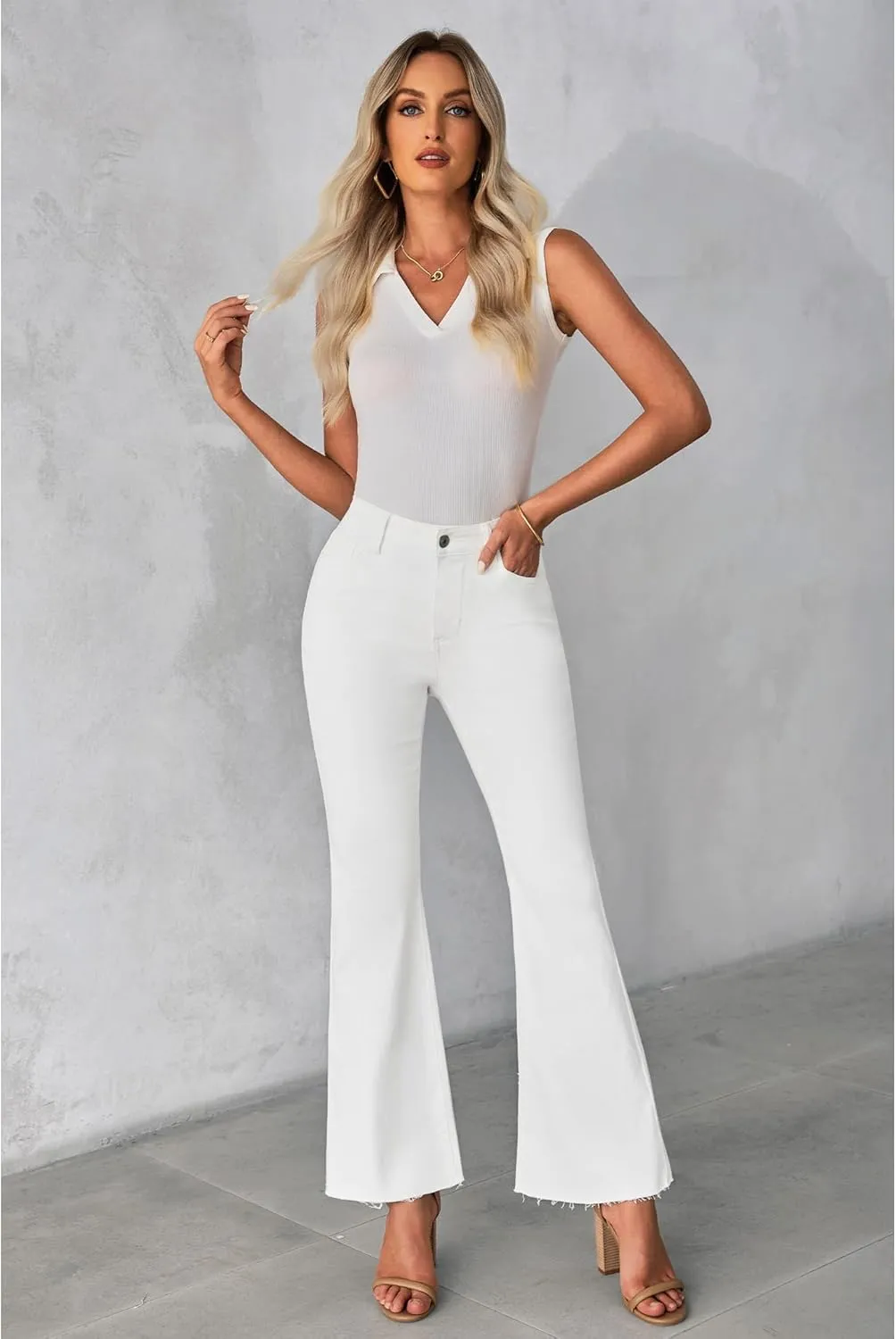 GRAPENT Wide Leg Jeans for Women Trendy High Waisted Flare Stretchy Bell Bottom Denim Pants Baggy Raw Hem Trouser Jeans