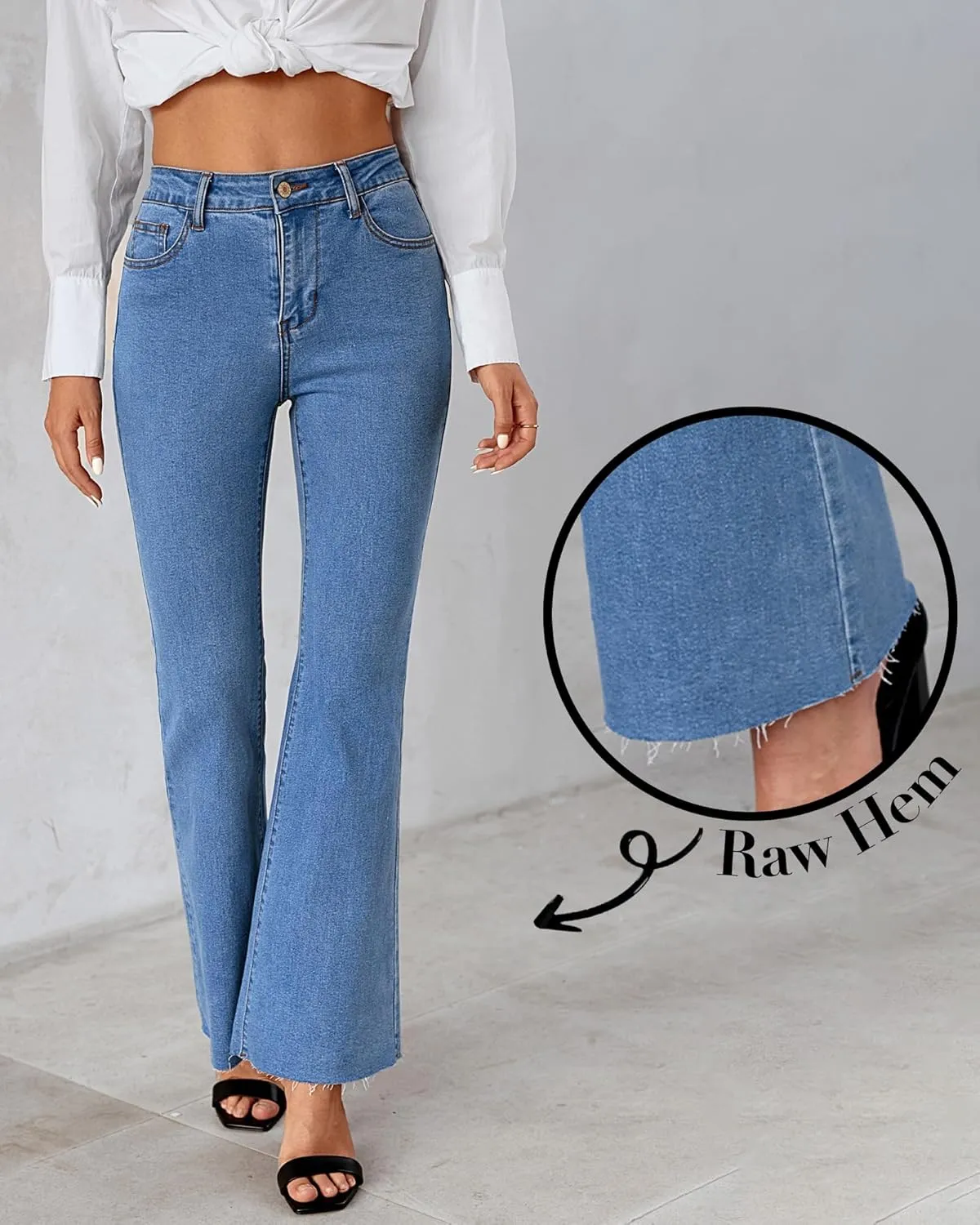 GRAPENT Wide Leg Jeans for Women Trendy High Waisted Flare Stretchy Bell Bottom Denim Pants Baggy Raw Hem Trouser Jeans