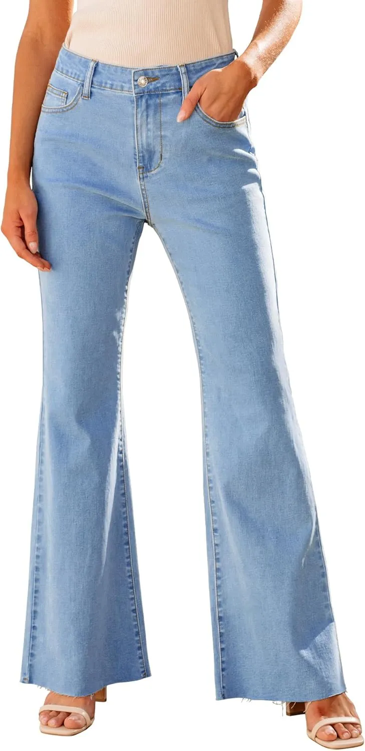 GRAPENT Wide Leg Jeans for Women Trendy High Waisted Flare Stretchy Bell Bottom Denim Pants Baggy Raw Hem Trouser Jeans
