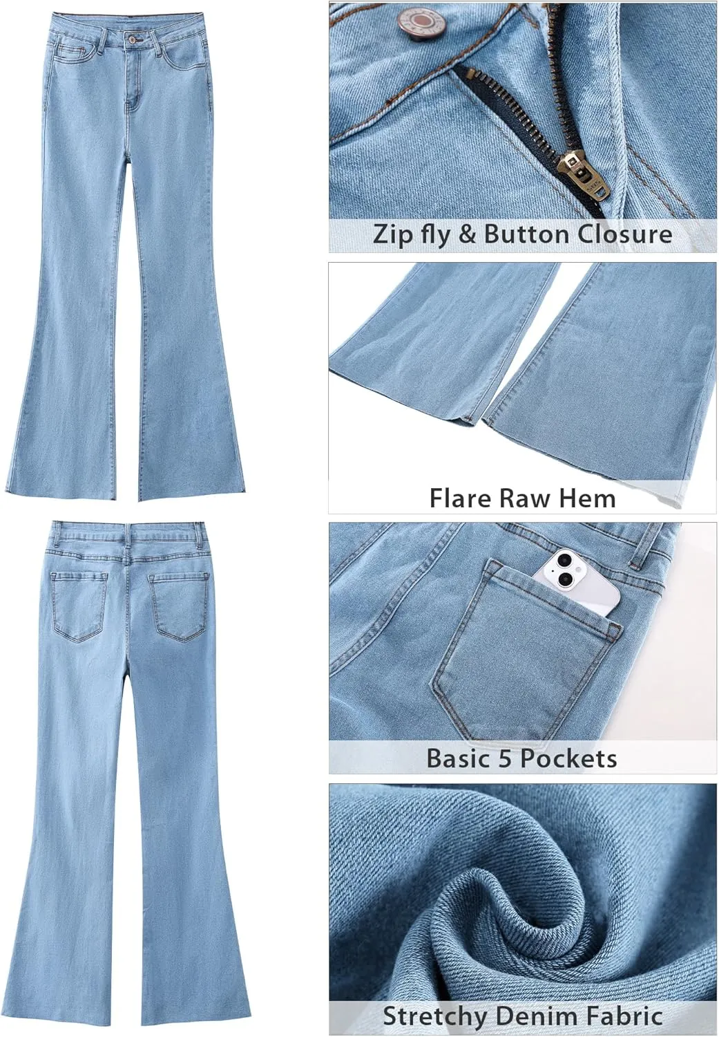 GRAPENT Wide Leg Jeans for Women Trendy High Waisted Flare Stretchy Bell Bottom Denim Pants Baggy Raw Hem Trouser Jeans