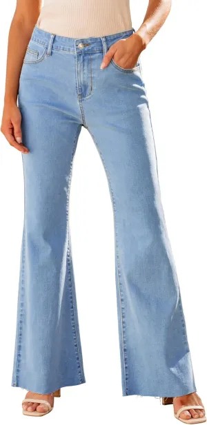 GRAPENT Wide Leg Jeans for Women Trendy High Waisted Flare Stretchy Bell Bottom Denim Pants Baggy Raw Hem Trouser Jeans